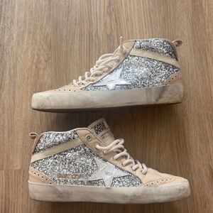 Golden Goose Beige and Silver Glitter Mid Star  Sneakers (size 37)
